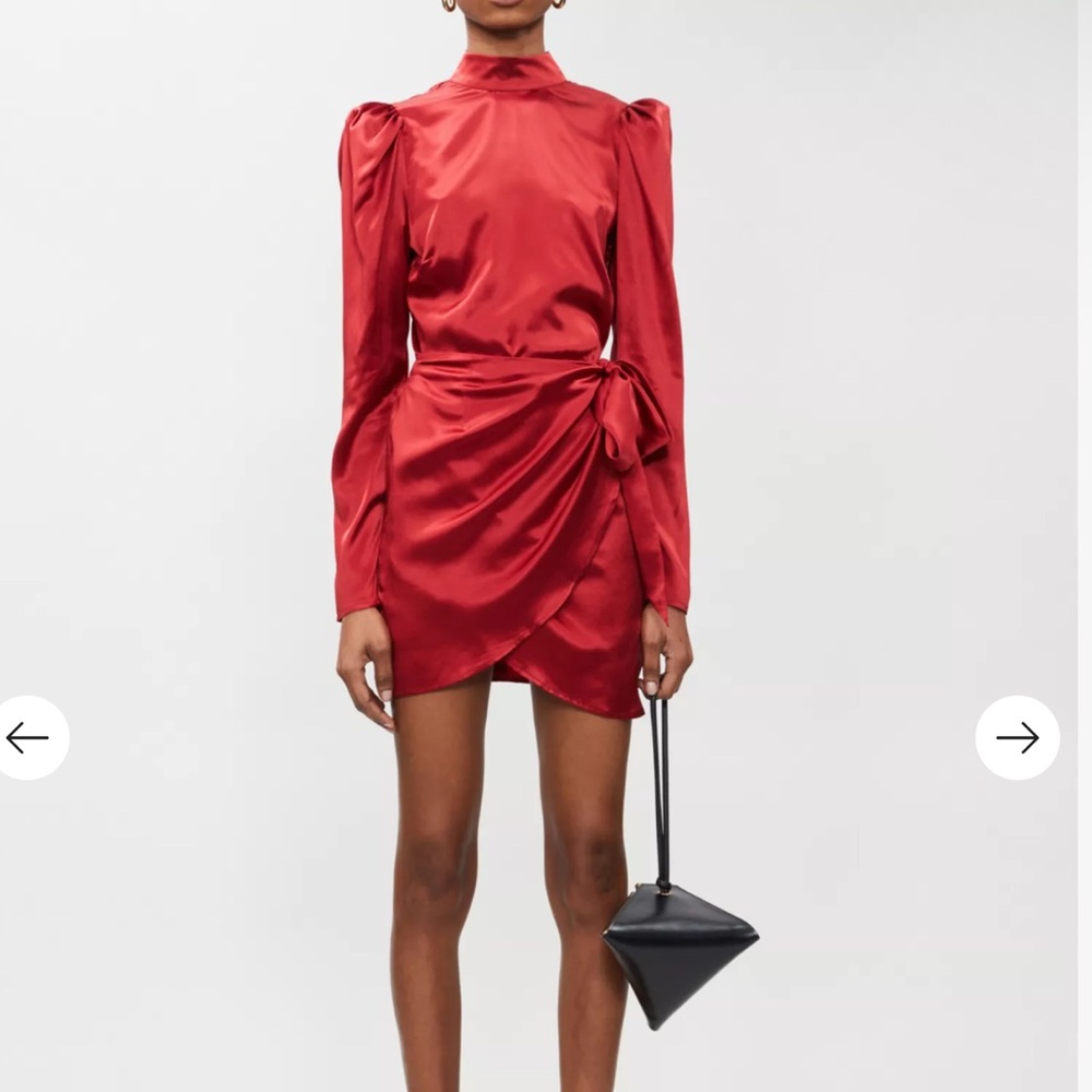 Reformation Josefine Red High-Neck Long-Sleeve Wrap Mini Dress
